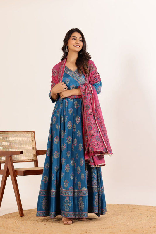 Blue Art silk gown paired with dupatta