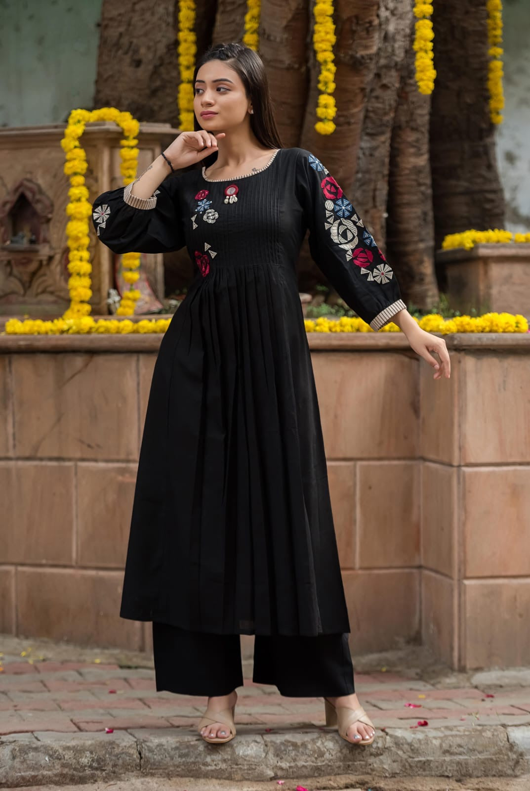 Embroidery black cotton kurta plazoo set