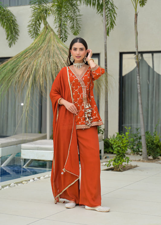 Rust chinon Short top with divider & duppata