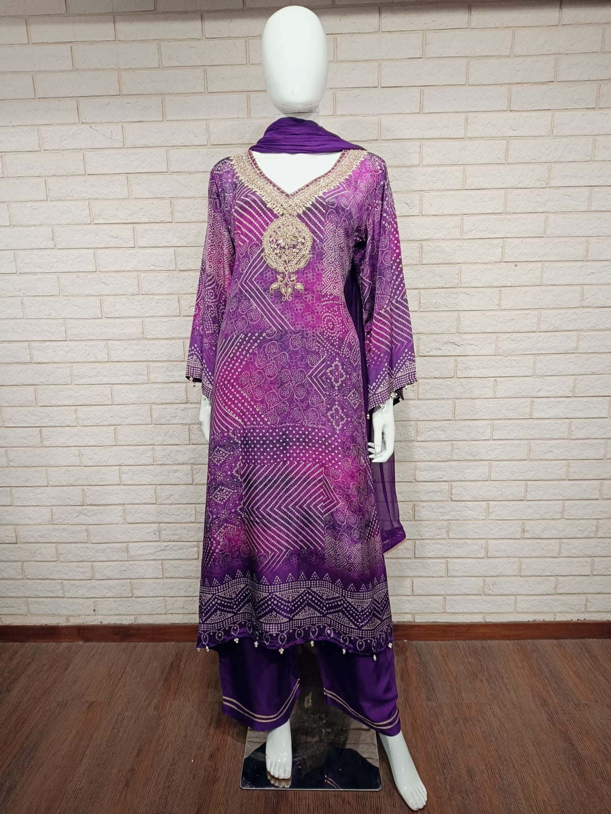 Purple Bandhani crepe aline suit with chiffon Dupatta and palzoo