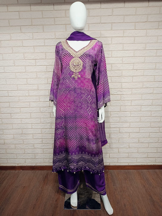 Purple Bandhani crepe aline suit with chiffon Dupatta and palzoo