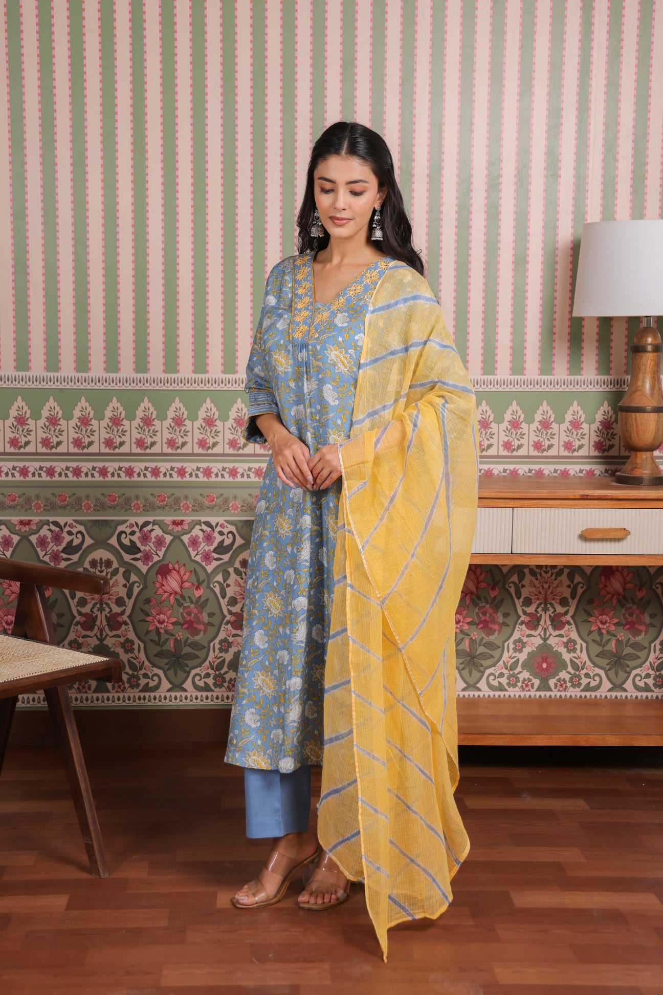Blue Printed Modal Gota Patti Embroidered
Suit Set