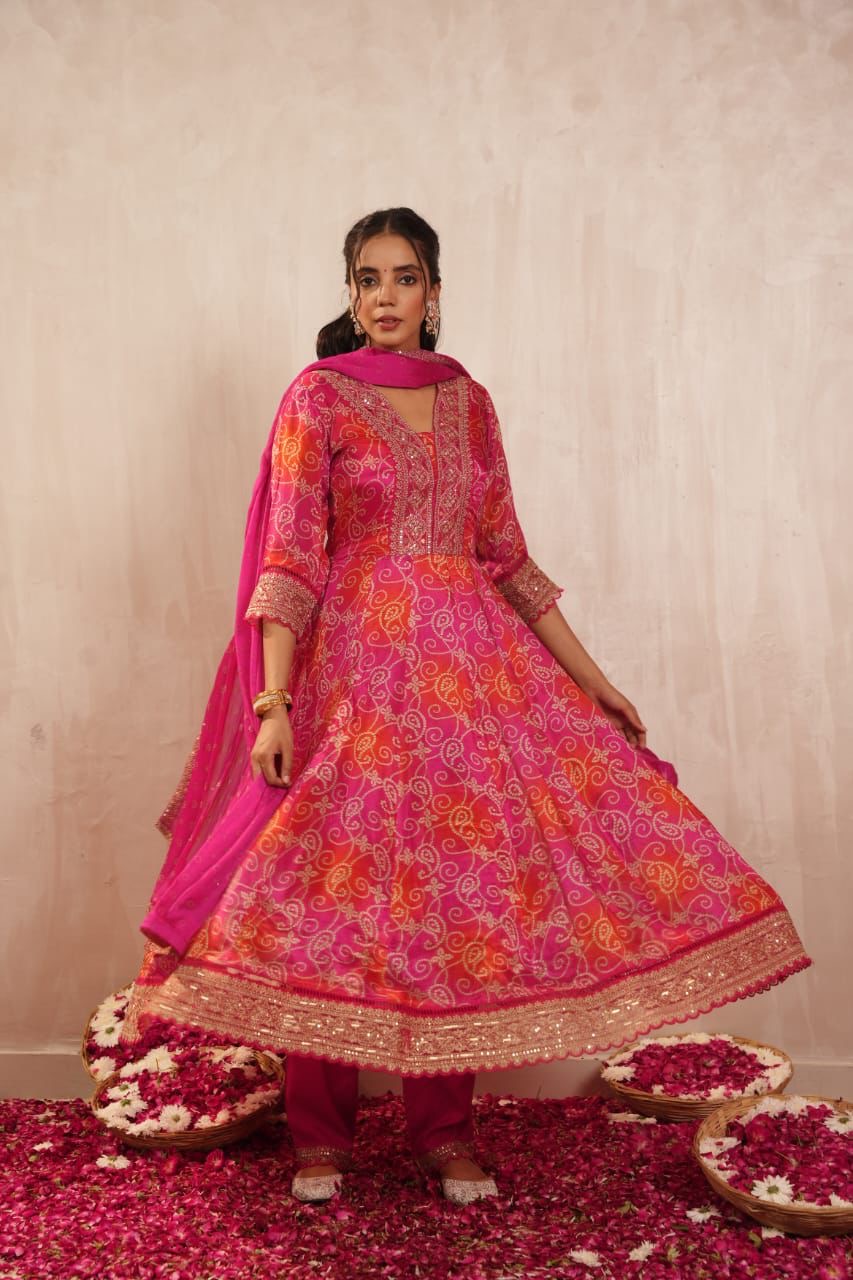 Pink Bandhani chinon anary