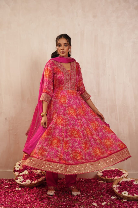 Pink Bandhani chinon anary