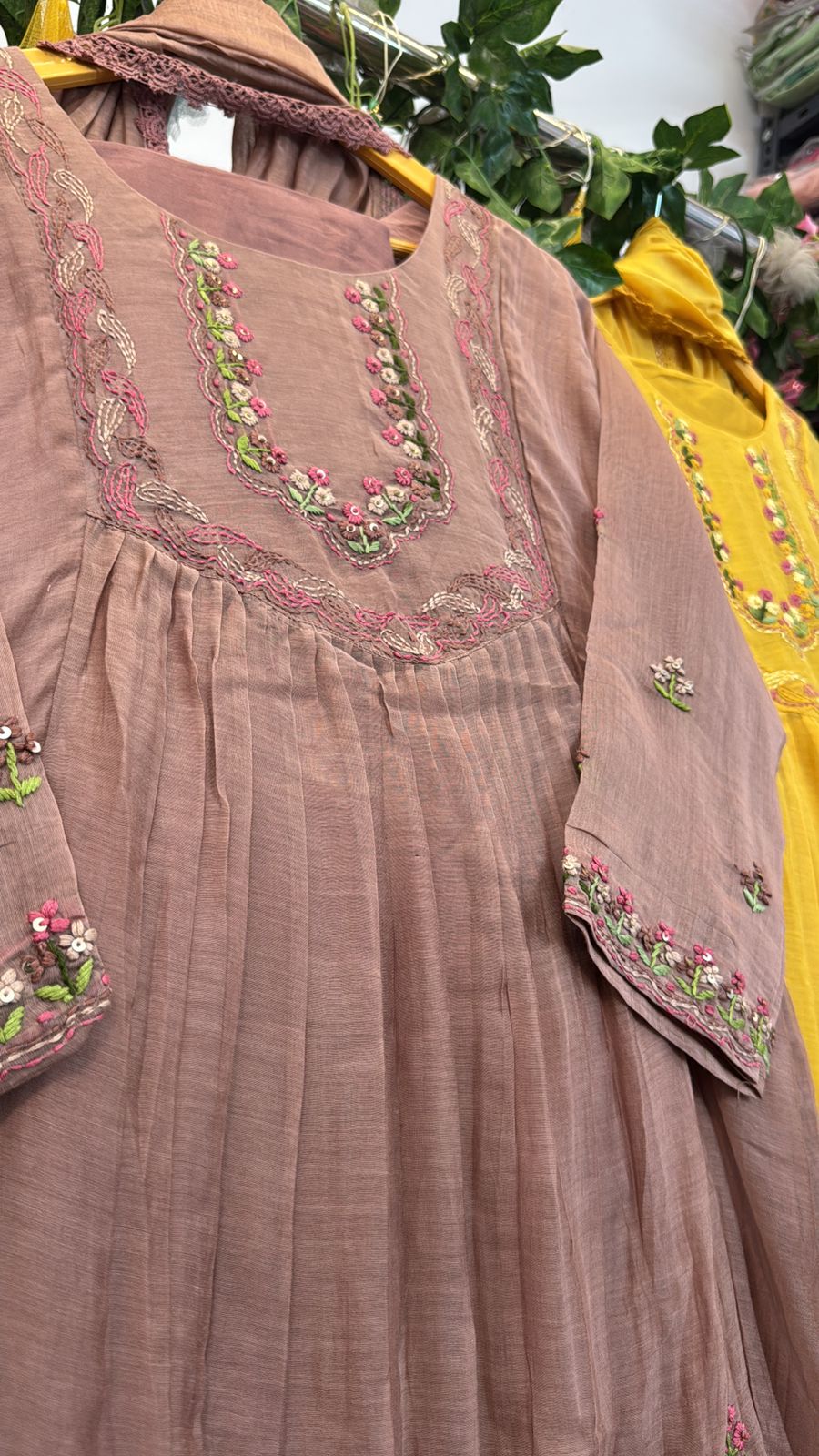 Classy embroidery mul chandari suit ( brown/yellow)