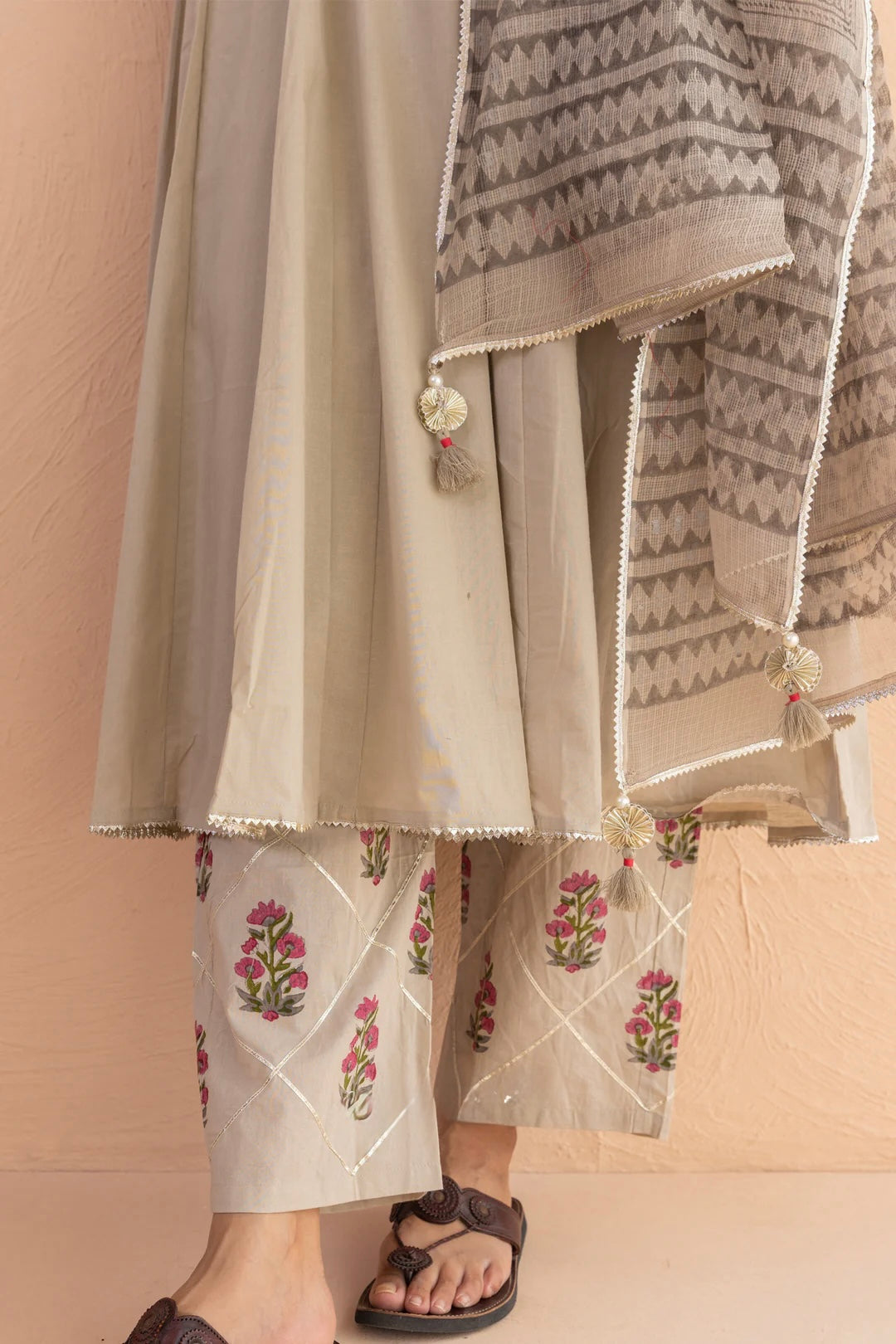 COTTON BLOCK PRINT MATKA ANARKALI KURTA SET IN MUSHROOM