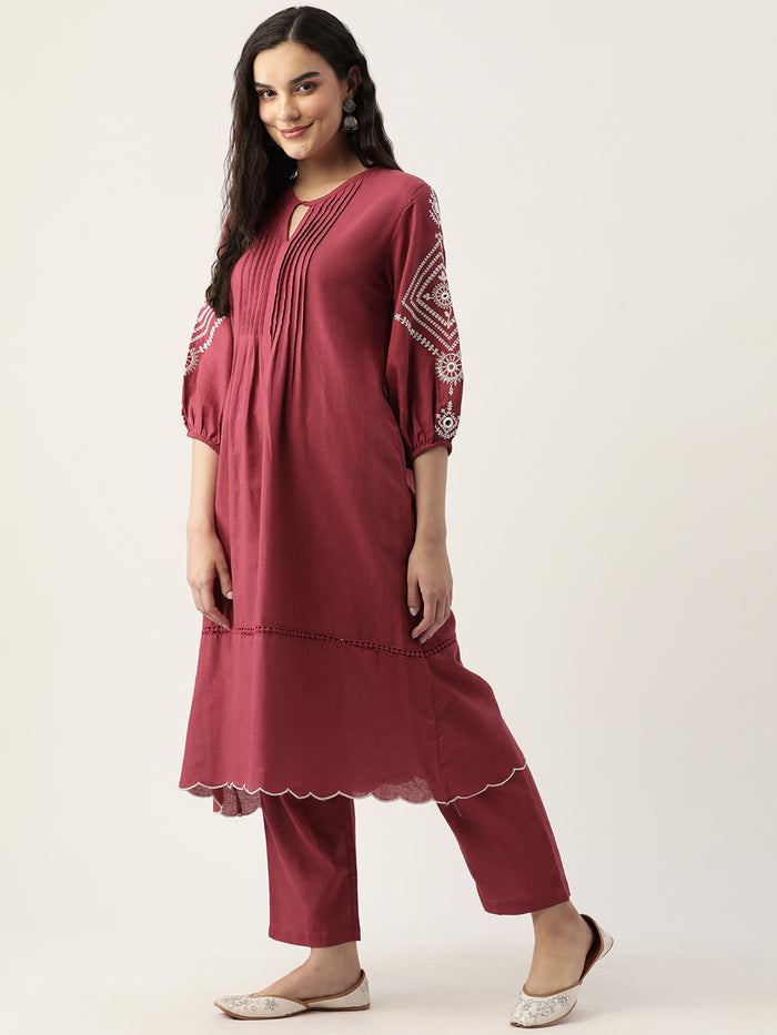 Marron EMBROIDERED KURTA PANT SET