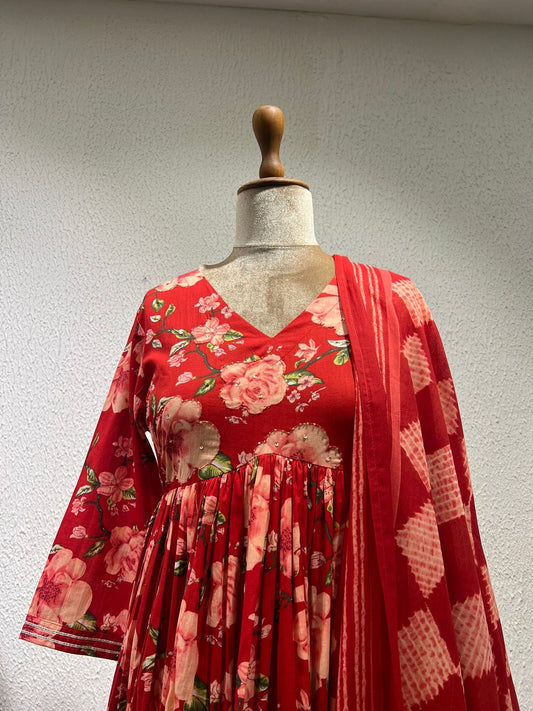 Cotton floral red Anarkali