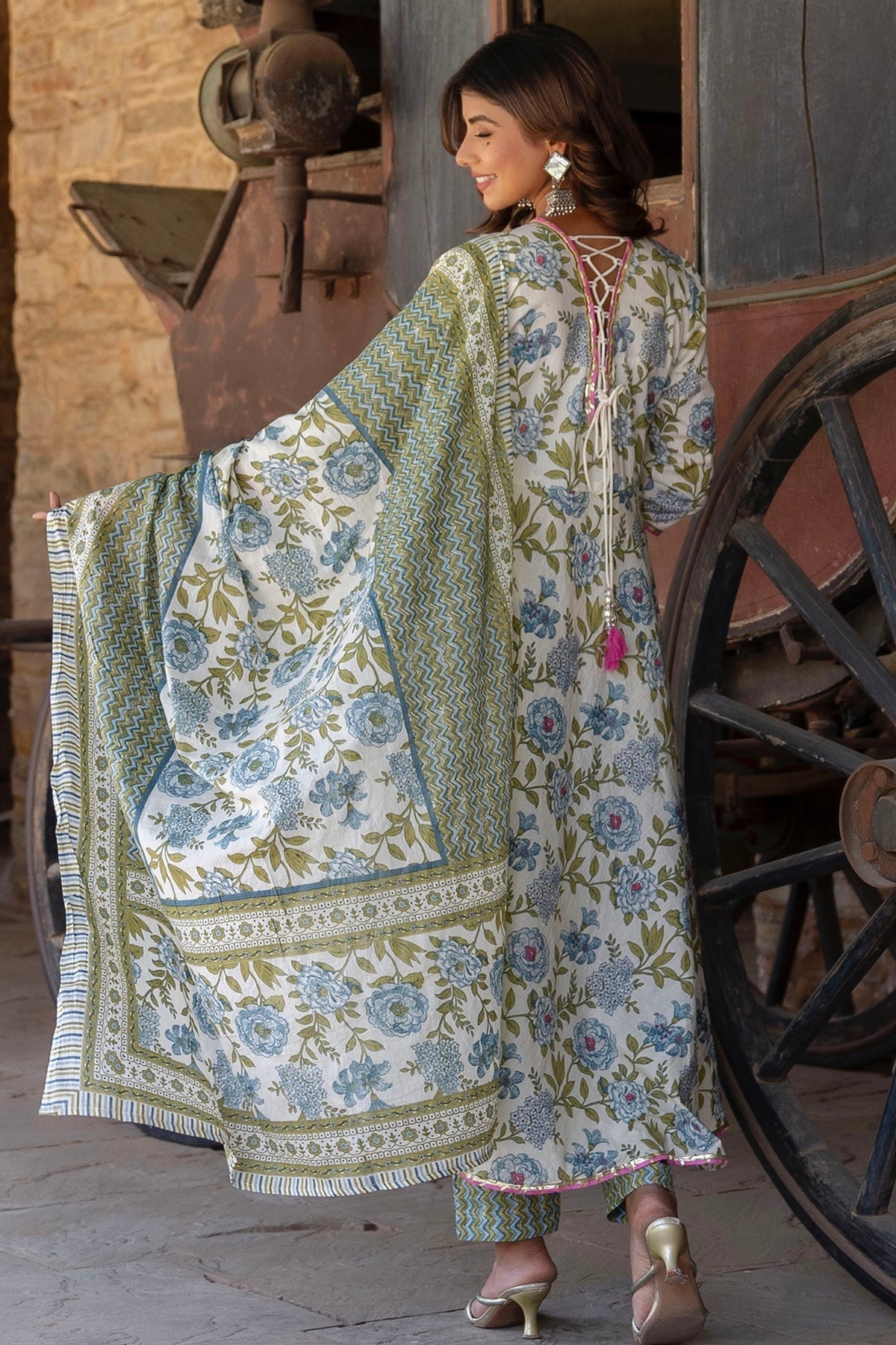 White And Green Printed Floral Angrakha Anarkali Suit