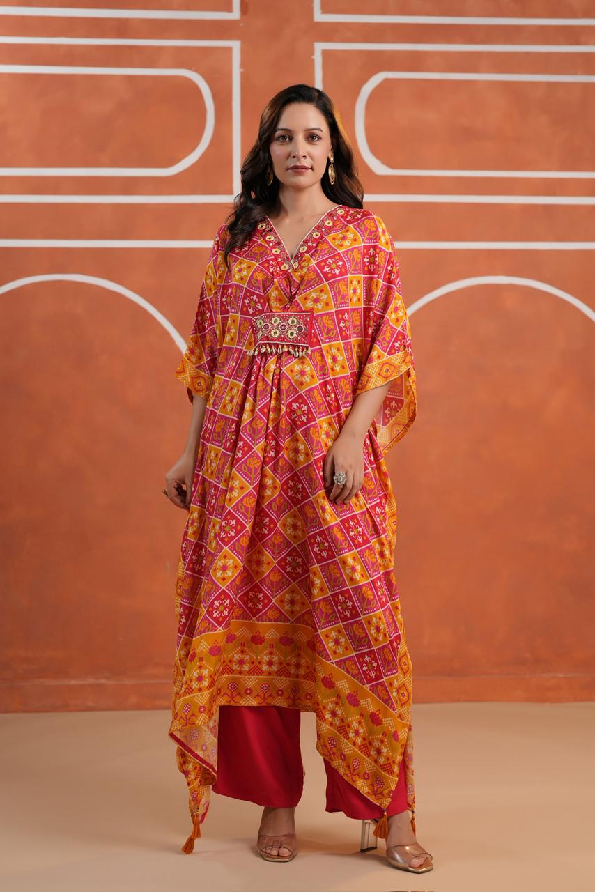 Orange pink Patola muslin silk kaftan pants with real mirror handwork detailing