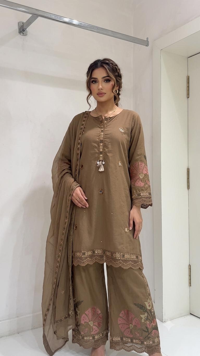 Karachi style short kurta pant set with dup in pure cotton