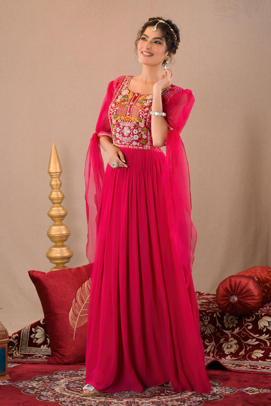 Hot Pink & yellow Bandhej Printed Georgette Silk Gown