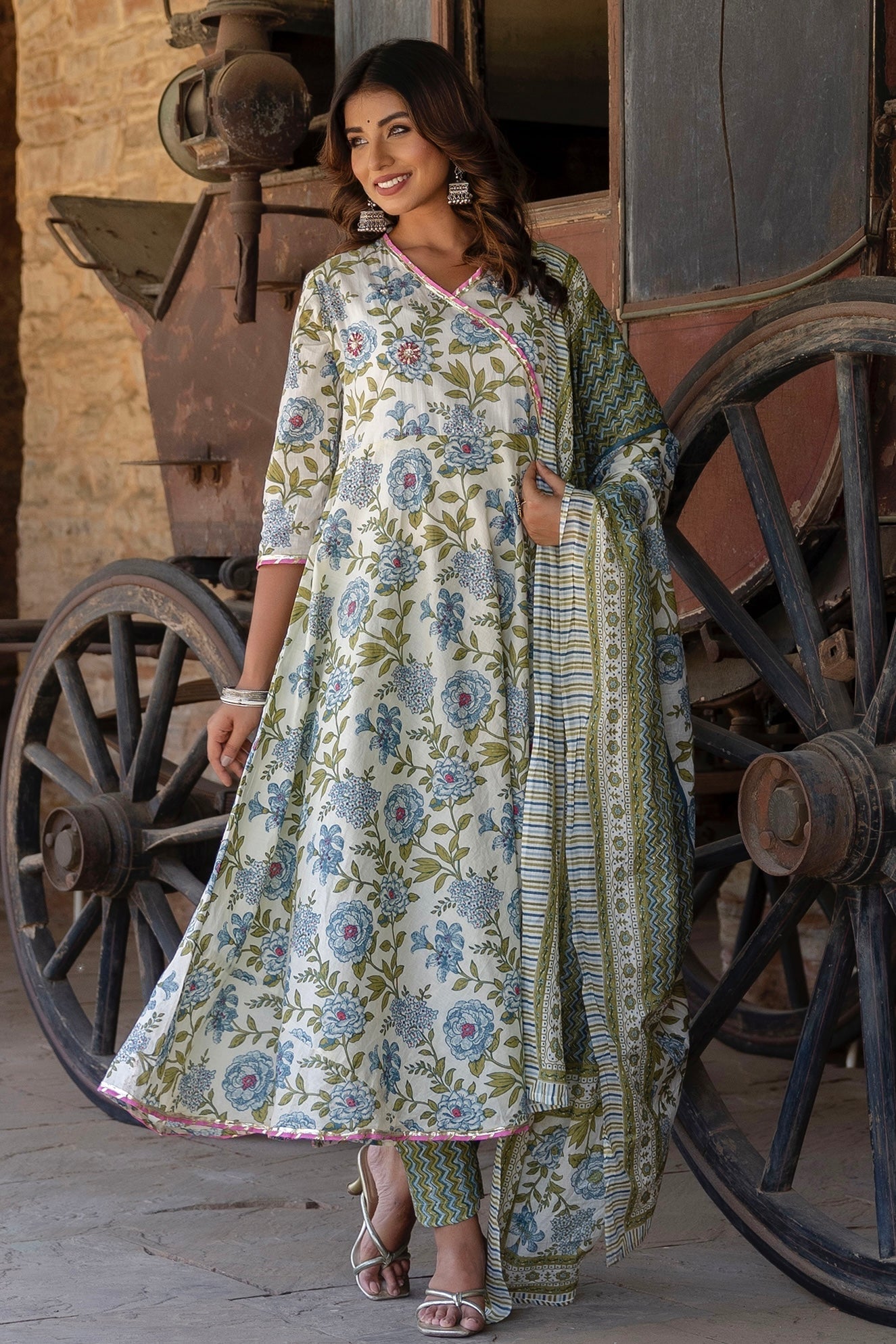 White And Green Printed Floral Angrakha Anarkali Suit