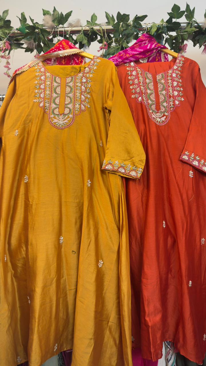 Pure silk Anarkali with Geogatte Bandhani dup & staright pants