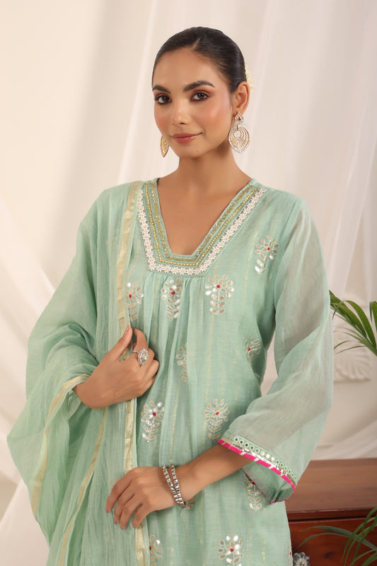 Blue Beautiful gota Full Suit Set With Dupatta In Mul Chanderi Fabric