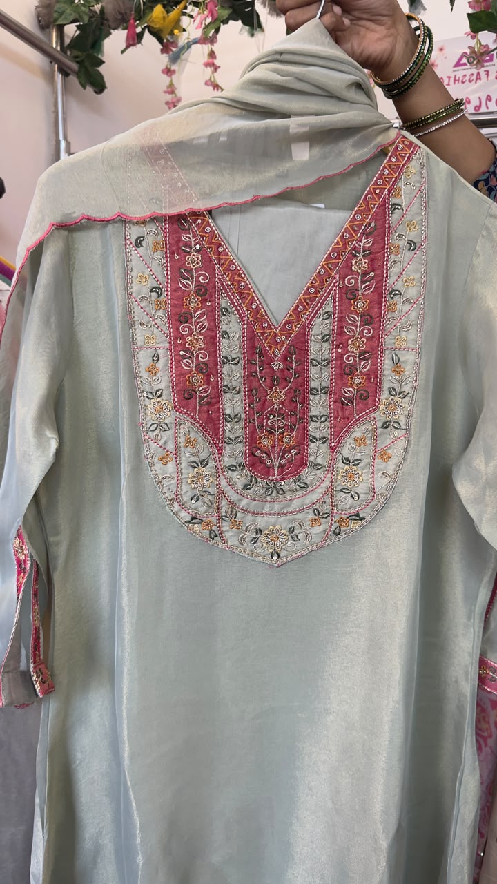 Soft pista green tissue Aline suit with beautiful handwork