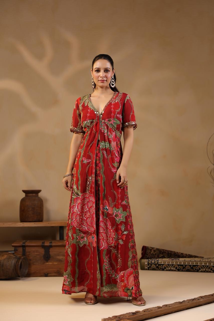 Red Georgette Cut-Dana & Beads Embroidered 3-Piece Suit Set
