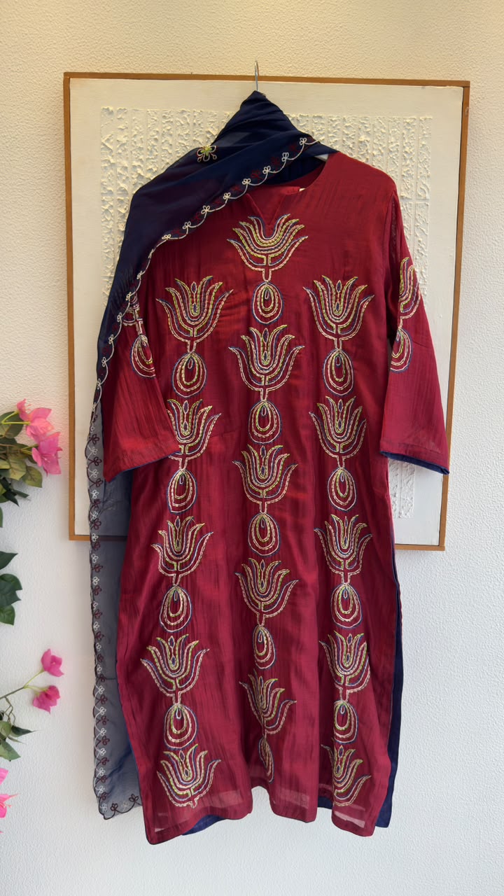 African embroidery mul chandari suit with soft organza dup & cotton silk pants