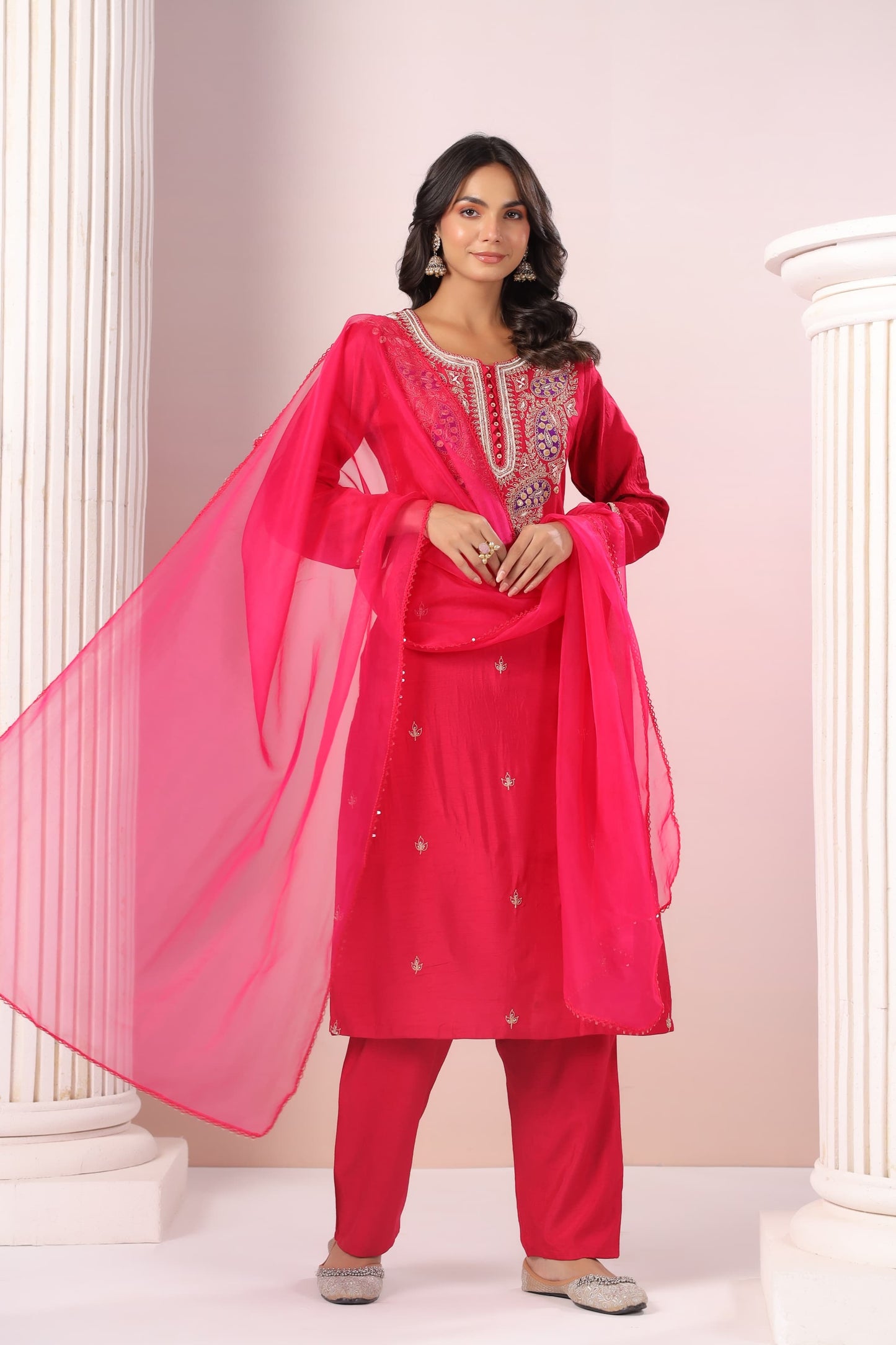 Reddish pink silk suit