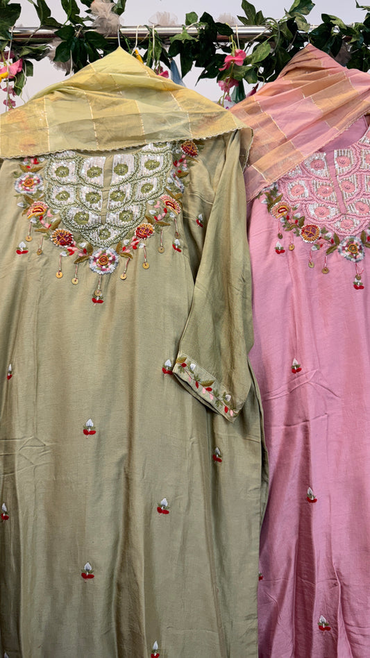 Baby pink / green silk suit with tissue Dupatta