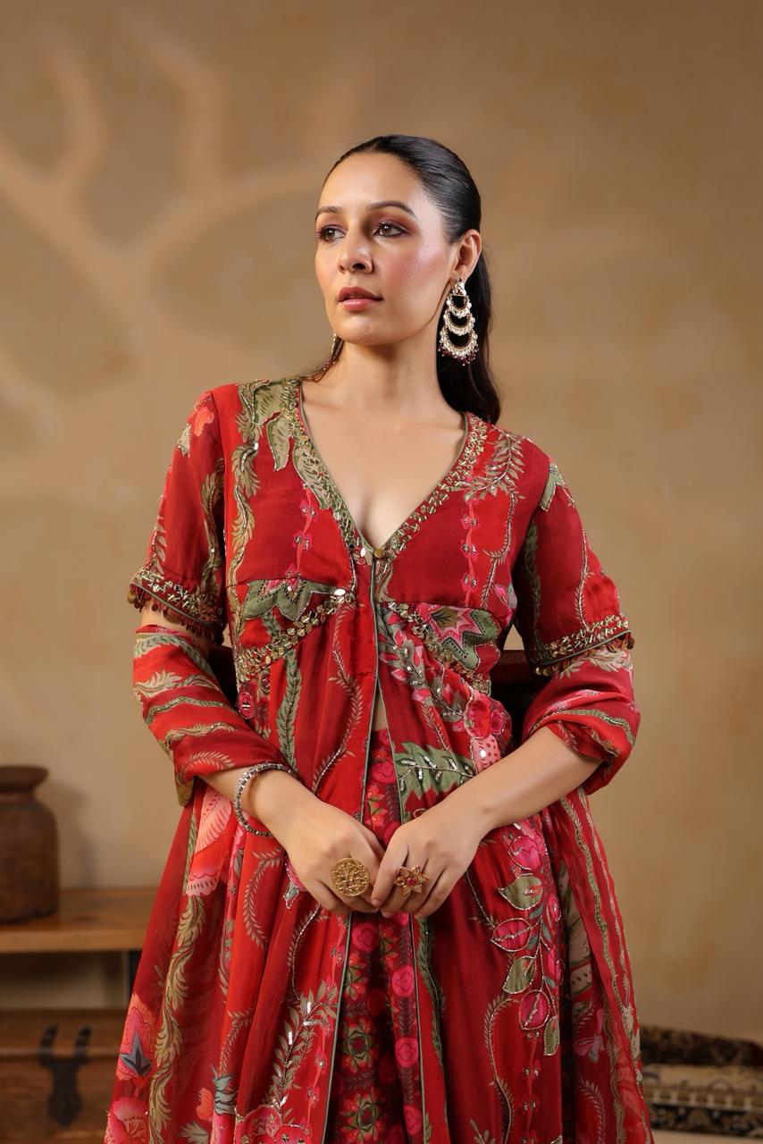 Red Georgette Cut-Dana & Beads Embroidered 3-Piece Suit Set