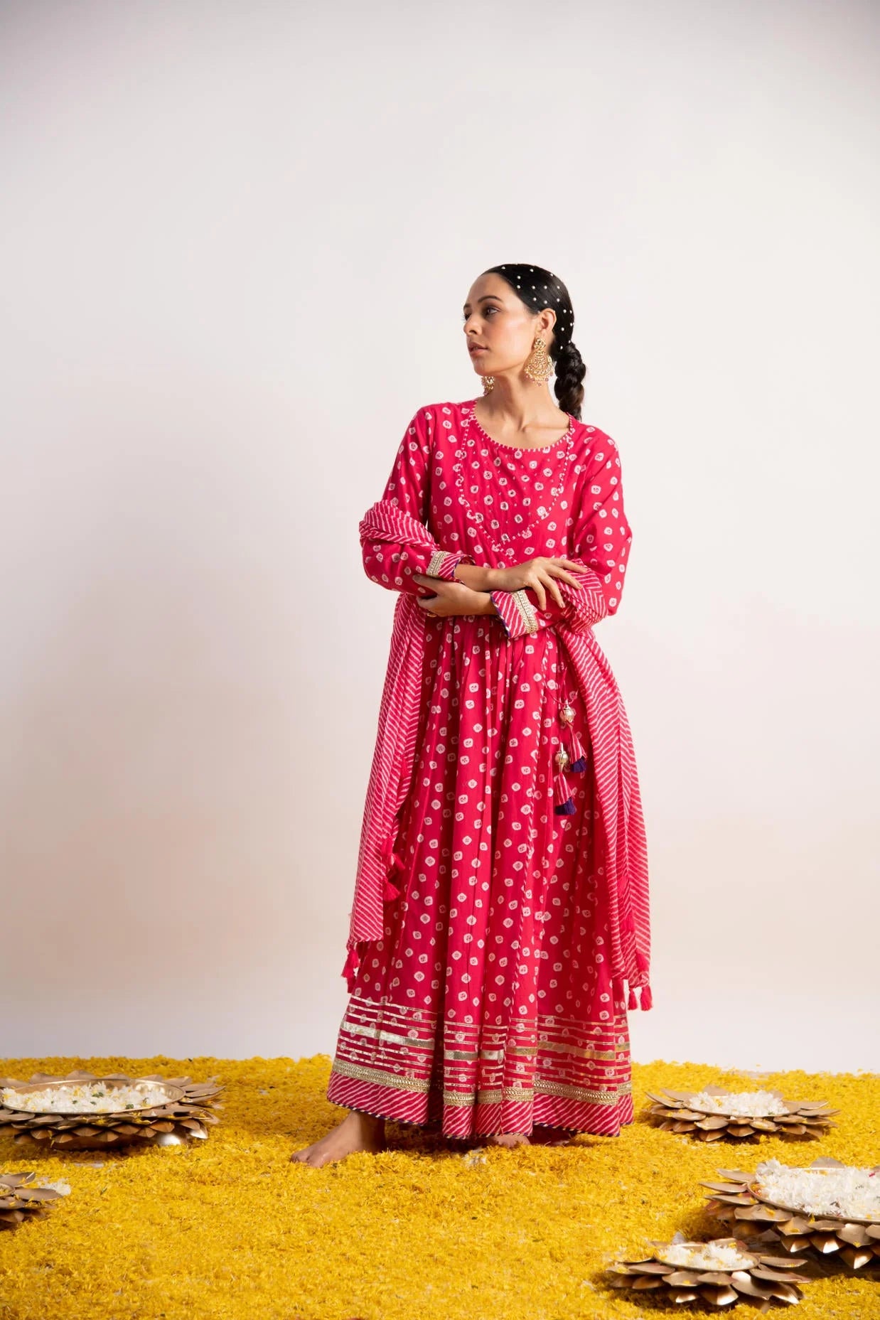 Pink Bandhani Print Kalidaar Dress with Dupatta