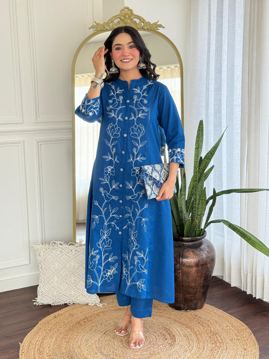 Blue cotton embroidery kurta pant