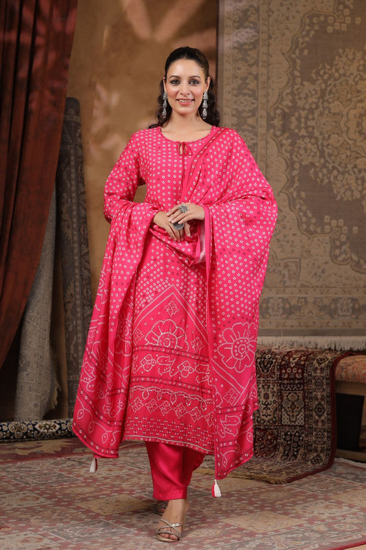 Pink Bandhani muslin silk suit
