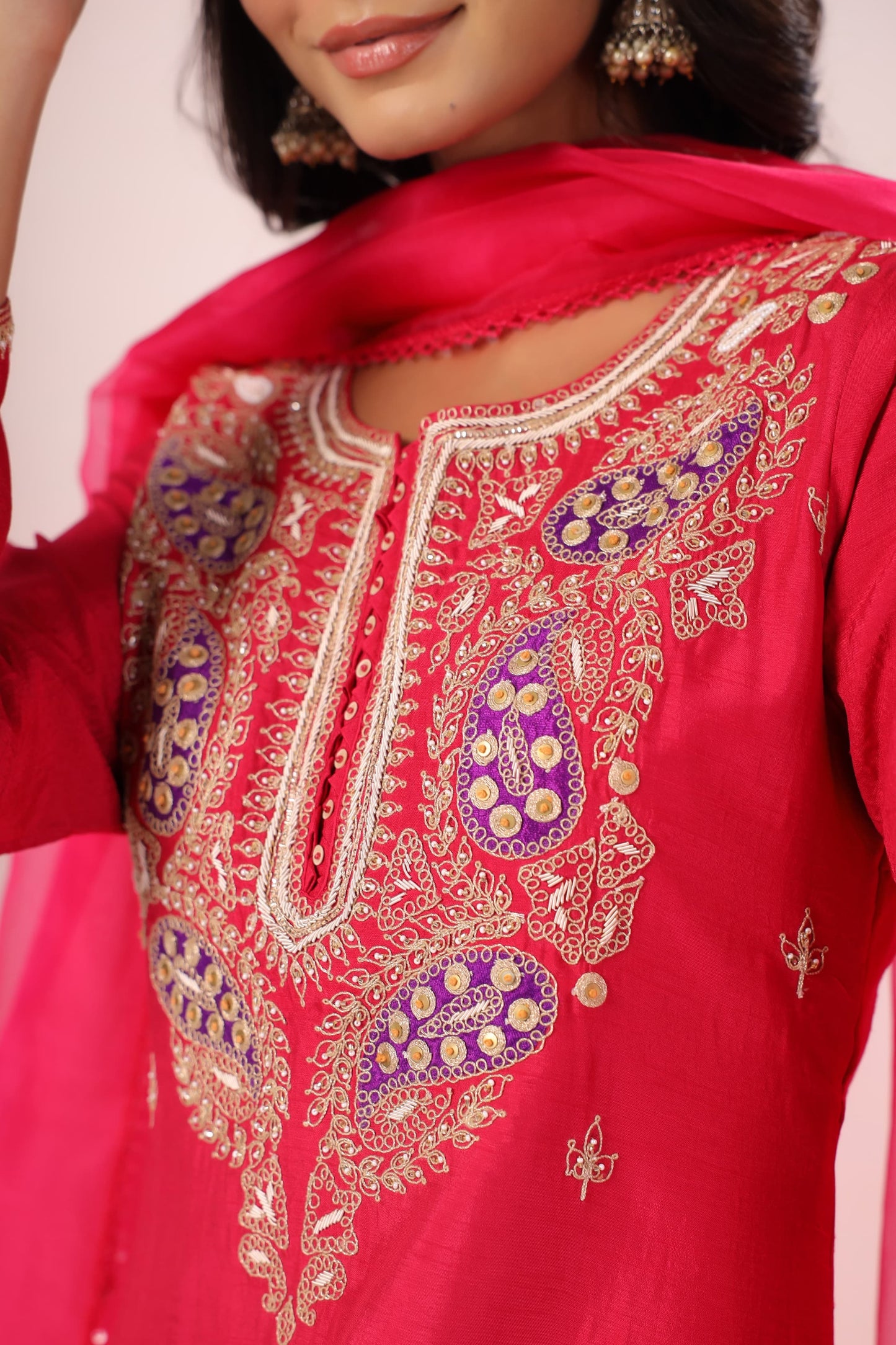 Reddish pink silk suit