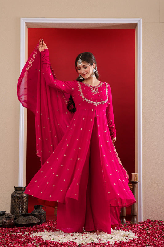 Pink Royal Zardosi U-Yoke Front Slitted Anarkali Full Suit Set With Dupatta & Loose Palazzo Bottom In Georgette Fabric