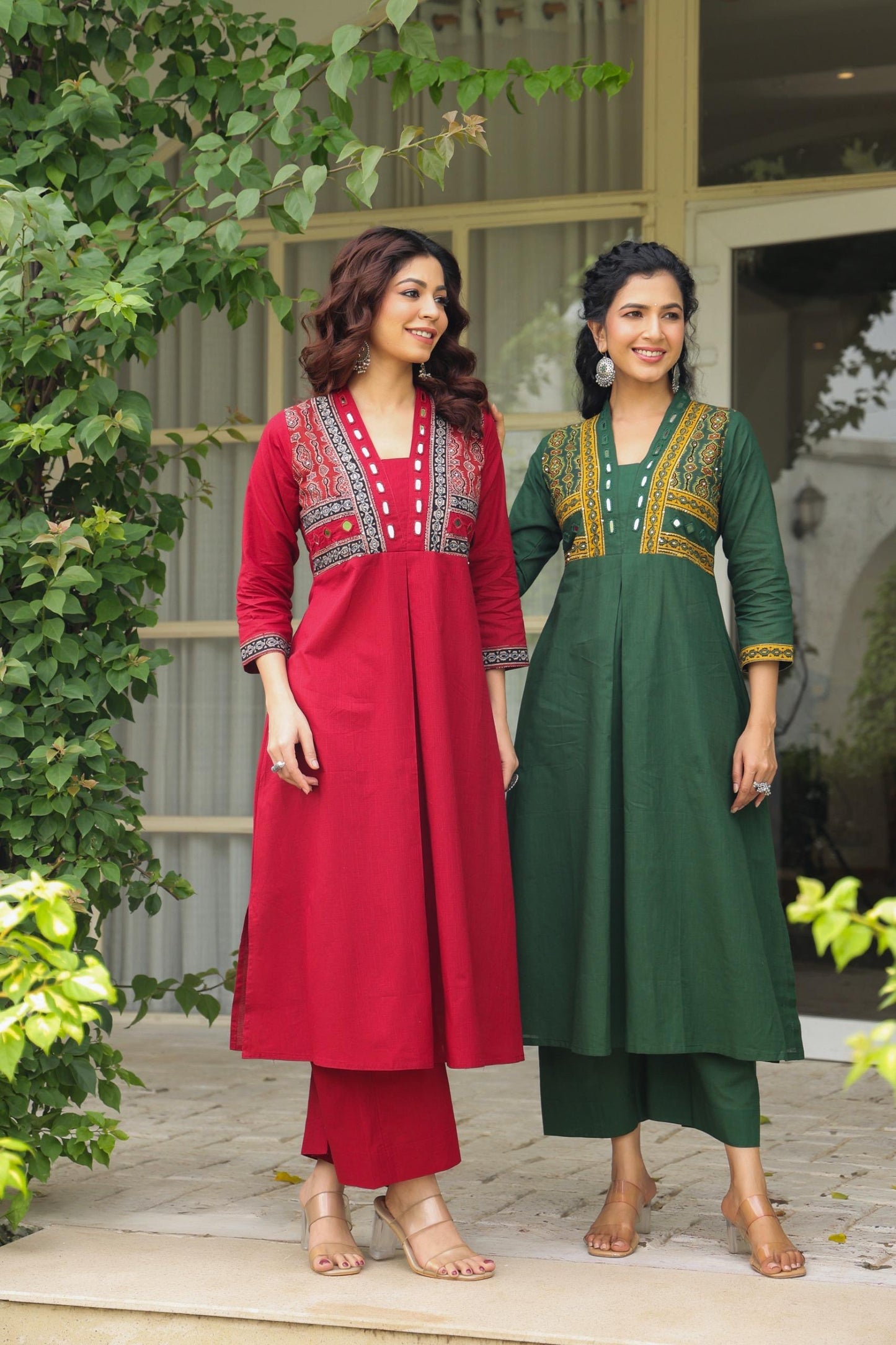Red Kutch real mirror cotton kurta palzoo