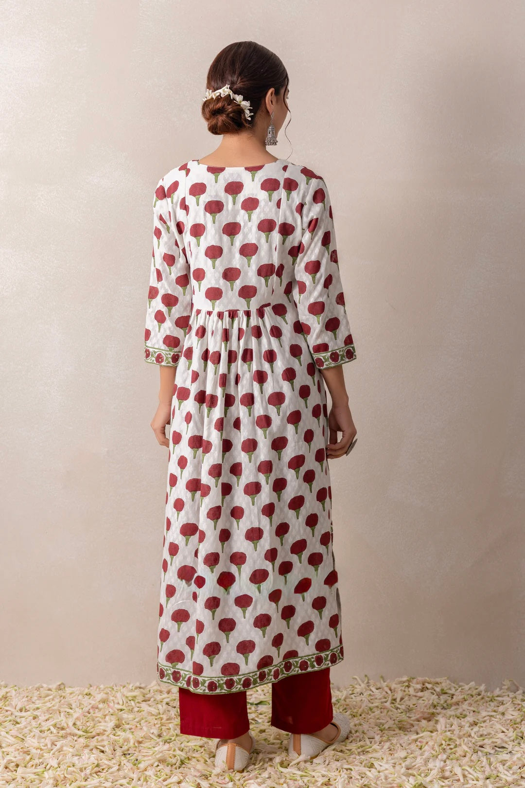 Marron marigold handblock cotton suit with pure kota doria dupatta