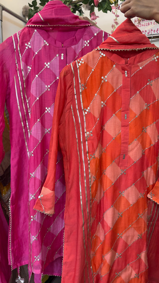 Kesariya gulab Square pure mul chandari sharara set