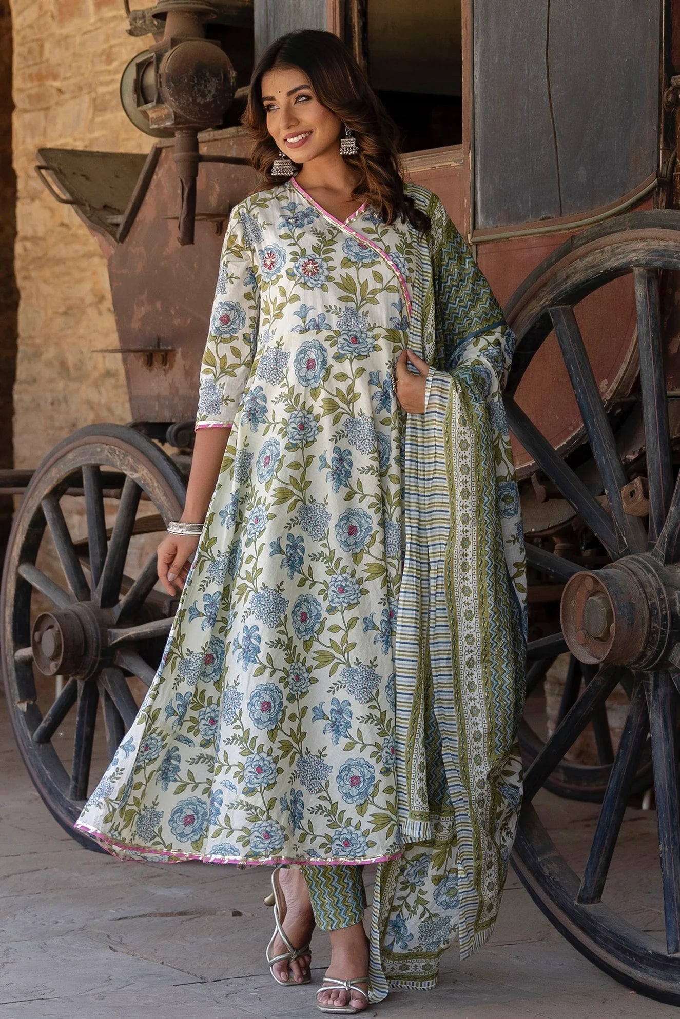 White And Green Printed Floral Angrakha Anarkali Suit