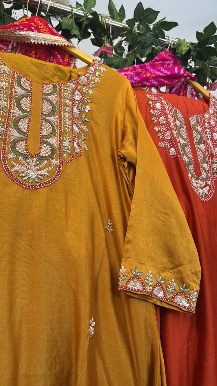 Pure silk Anarkali with Geogatte Bandhani dup & staright pants