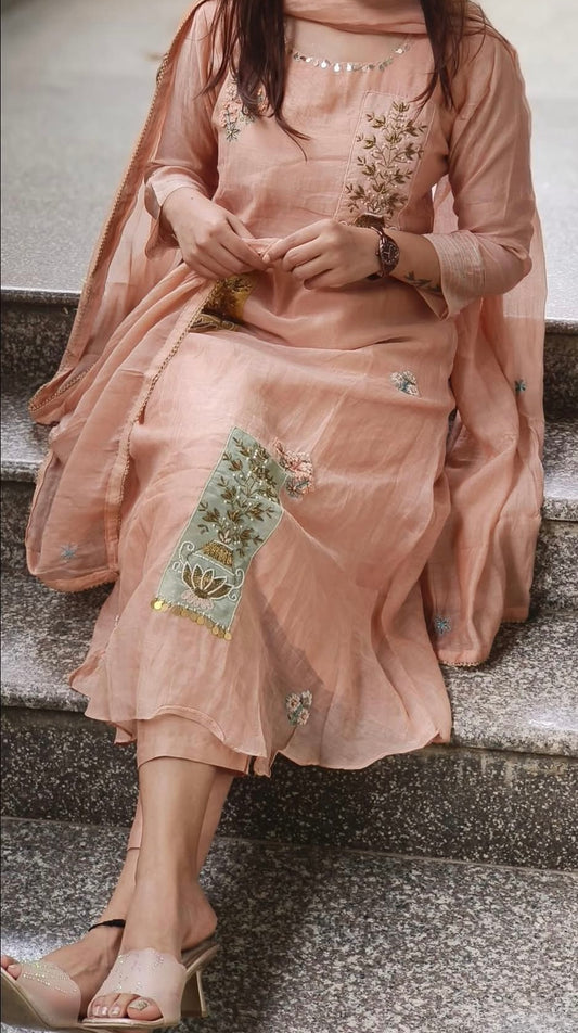 Unique Rectangular applique Floral Zardosi Handwork A-Line Pure Mul Chanderi Full Sui