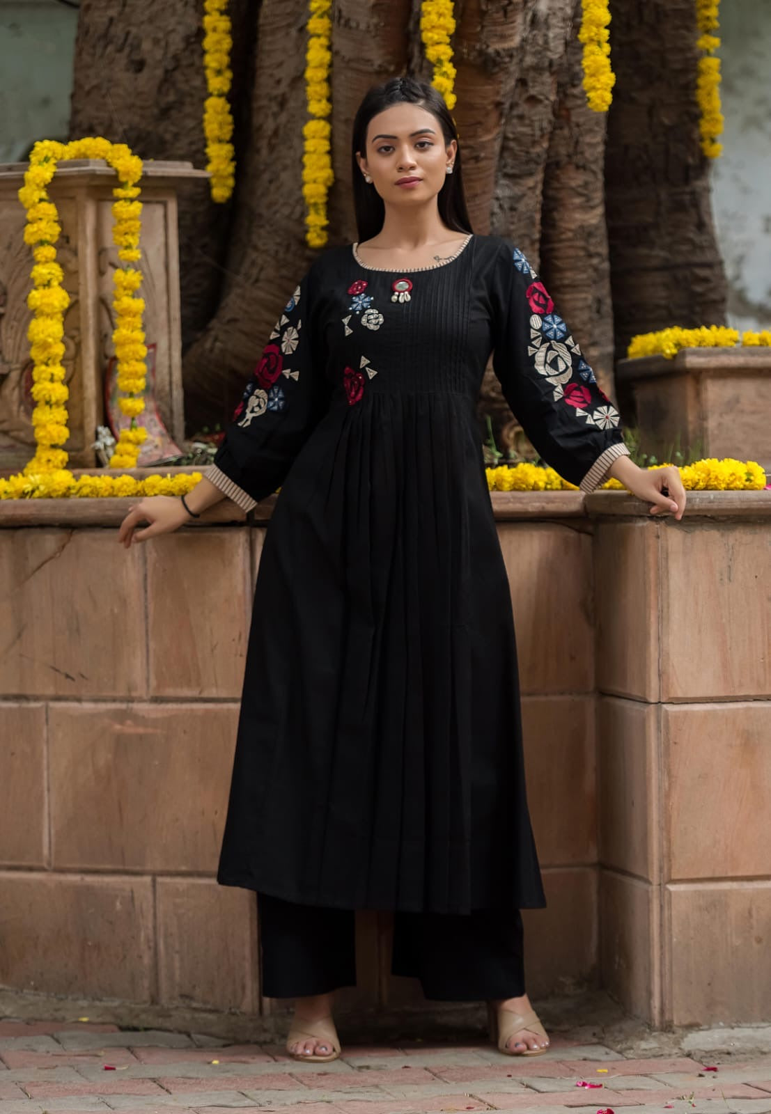 Embroidery black cotton kurta plazoo set
