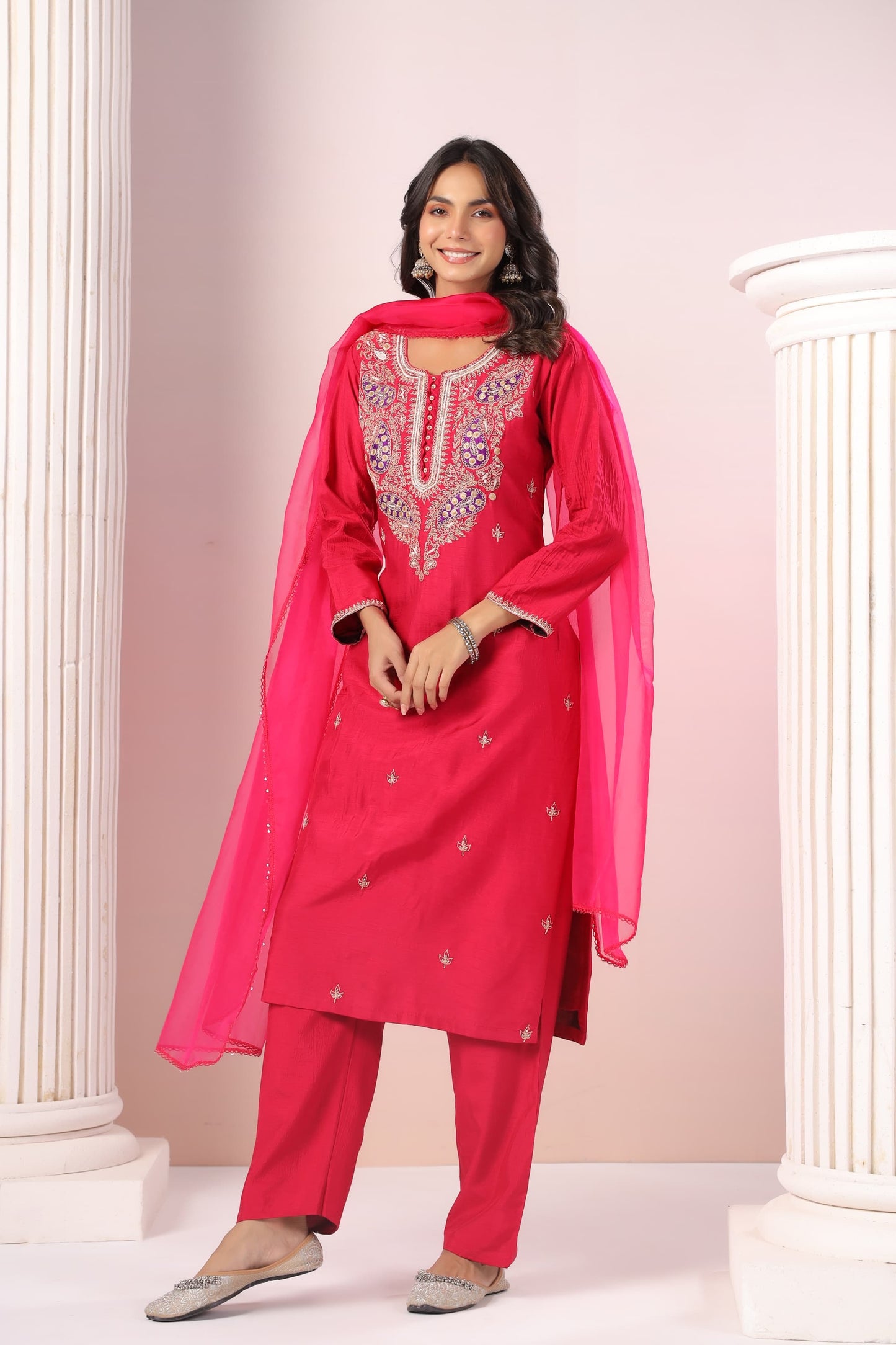 Reddish pink silk suit