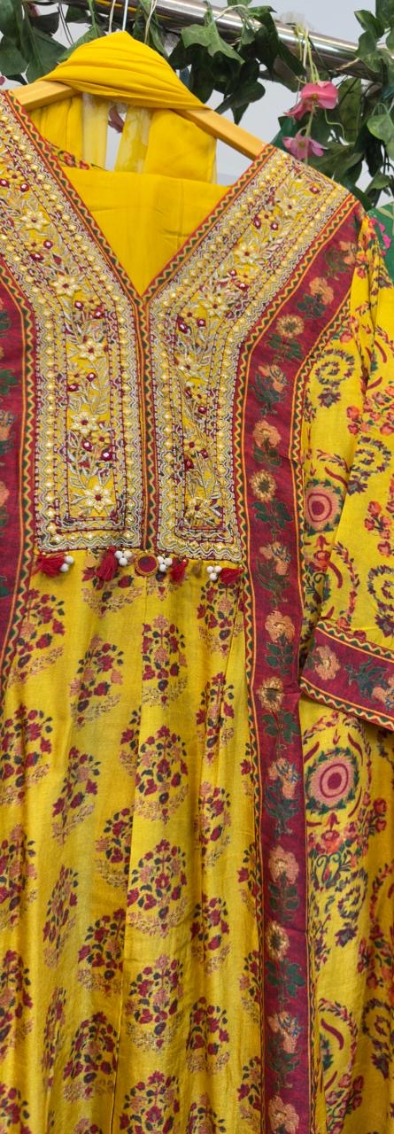 Premium raw silk Anarkali with chiffon Dupatta