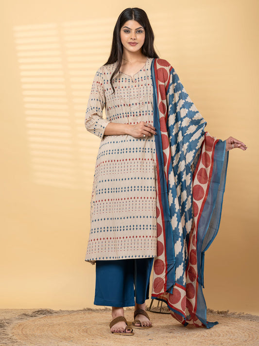 Bagru print small mirror wok details in pure cotton