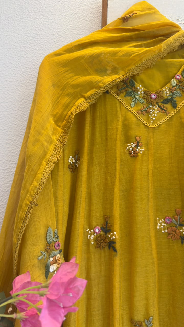 Elegant Aline French embroidery mul chandari suit