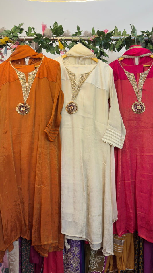 Soft tissue Anarkali with beautiful handwork with organza dup and silk pants