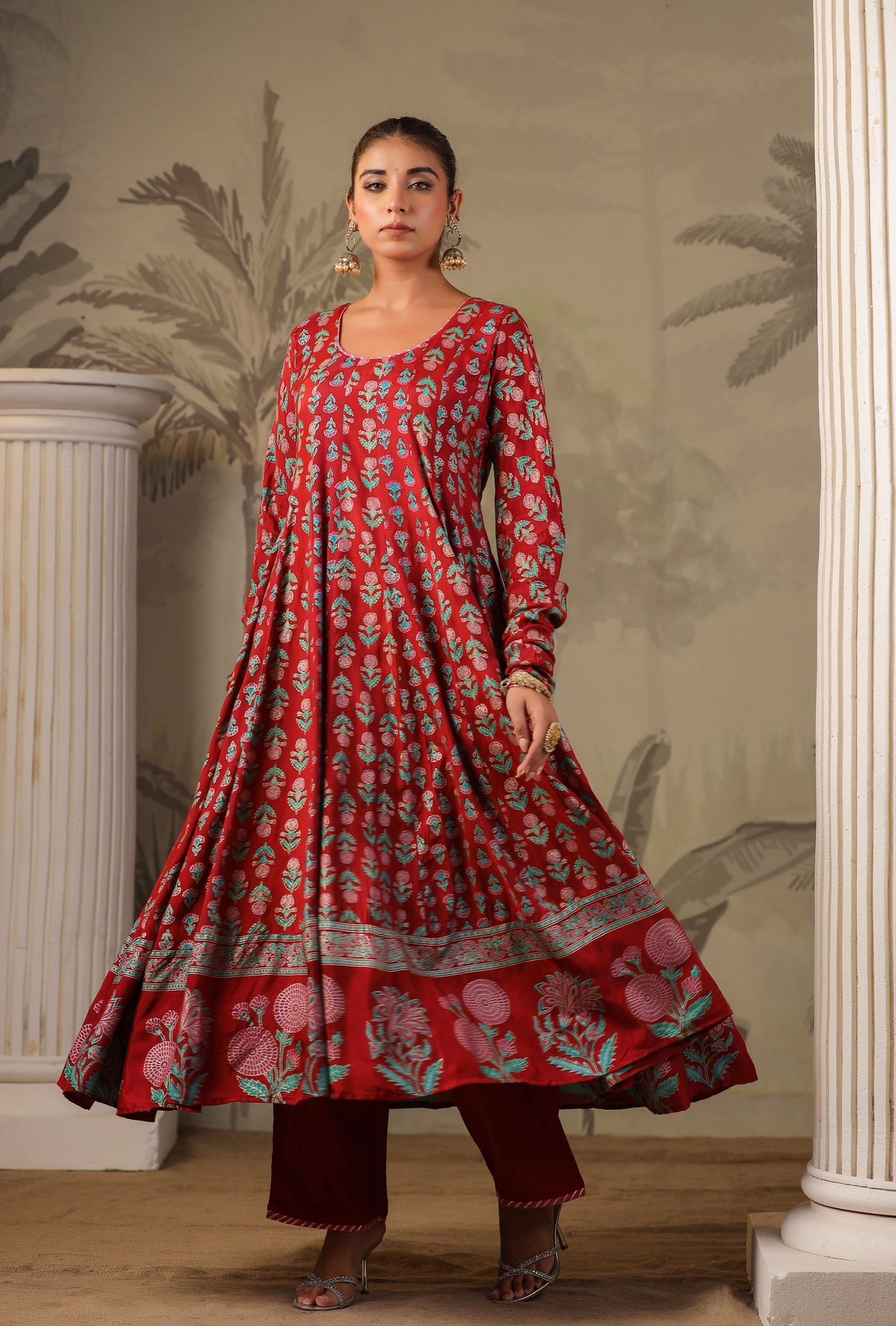 Red Block Print Mughal Print  Anarkali