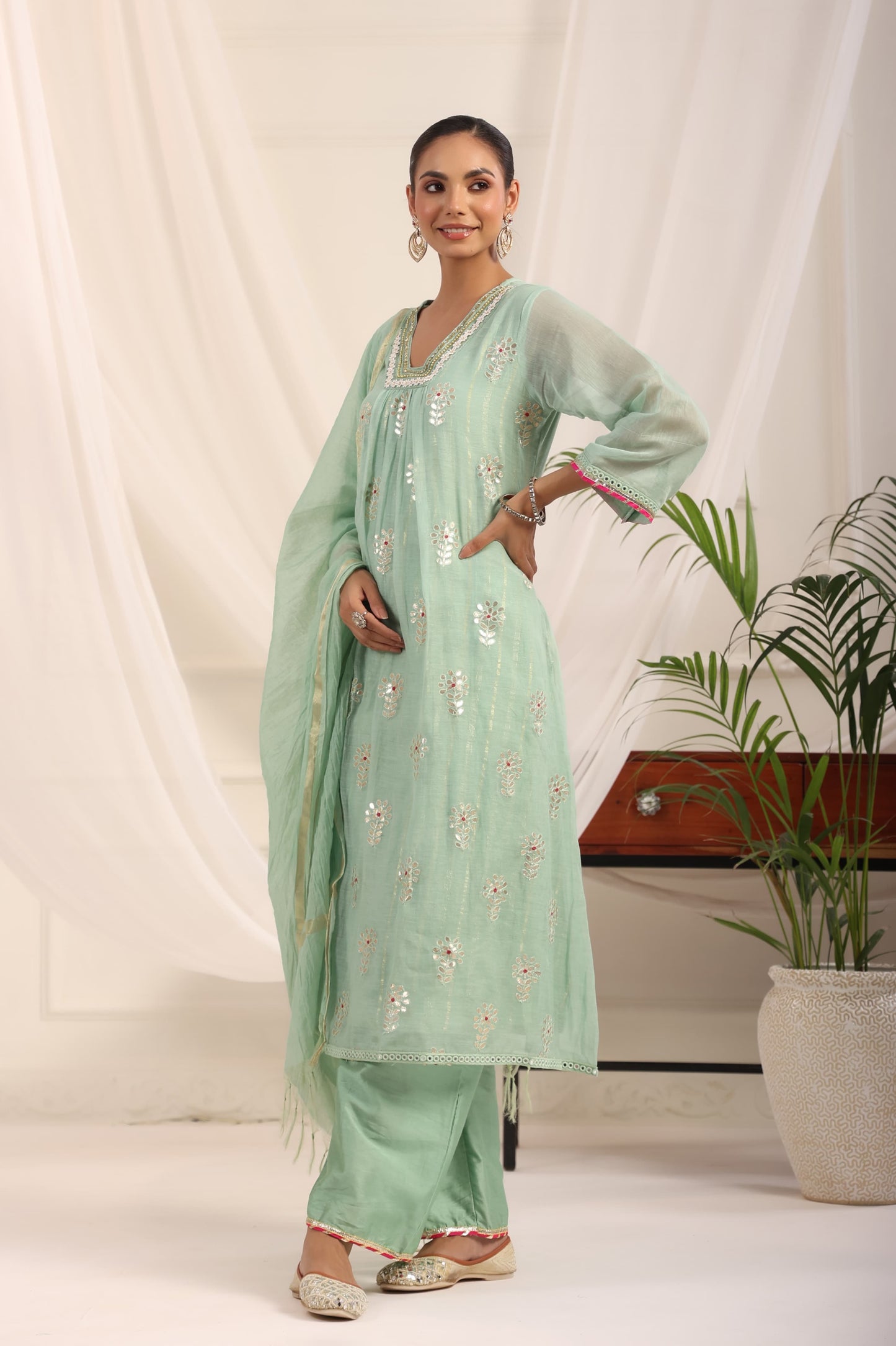 Blue Beautiful gota Full Suit Set With Dupatta In Mul Chanderi Fabric