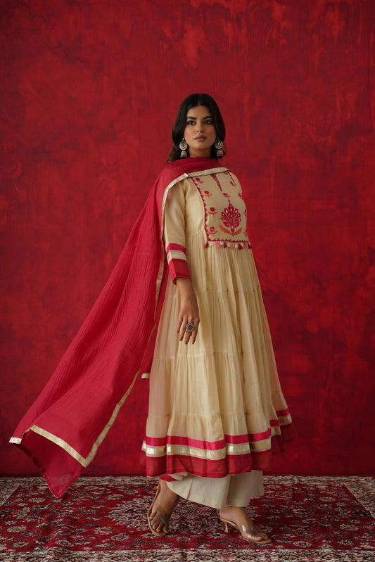 Pure Ivory mul cotton Anarkali with real mirror embroidery