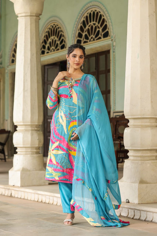 Blue and pink muslin silk