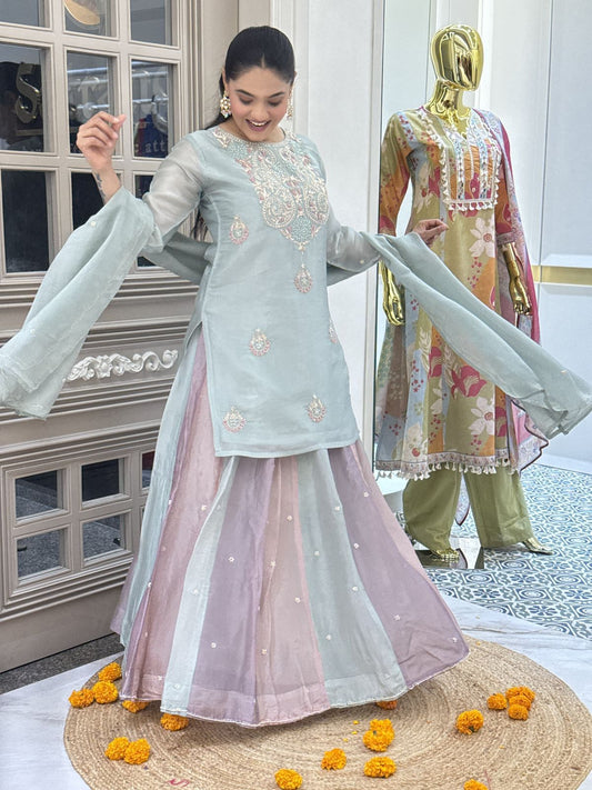 Premium organza tissue skirt top duppata set ( blue & purple )