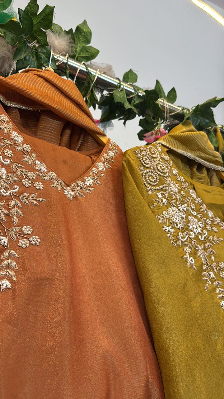 Tissue Zari handwork beautiful detailing on neck & hem of kurta with classy dup pant set