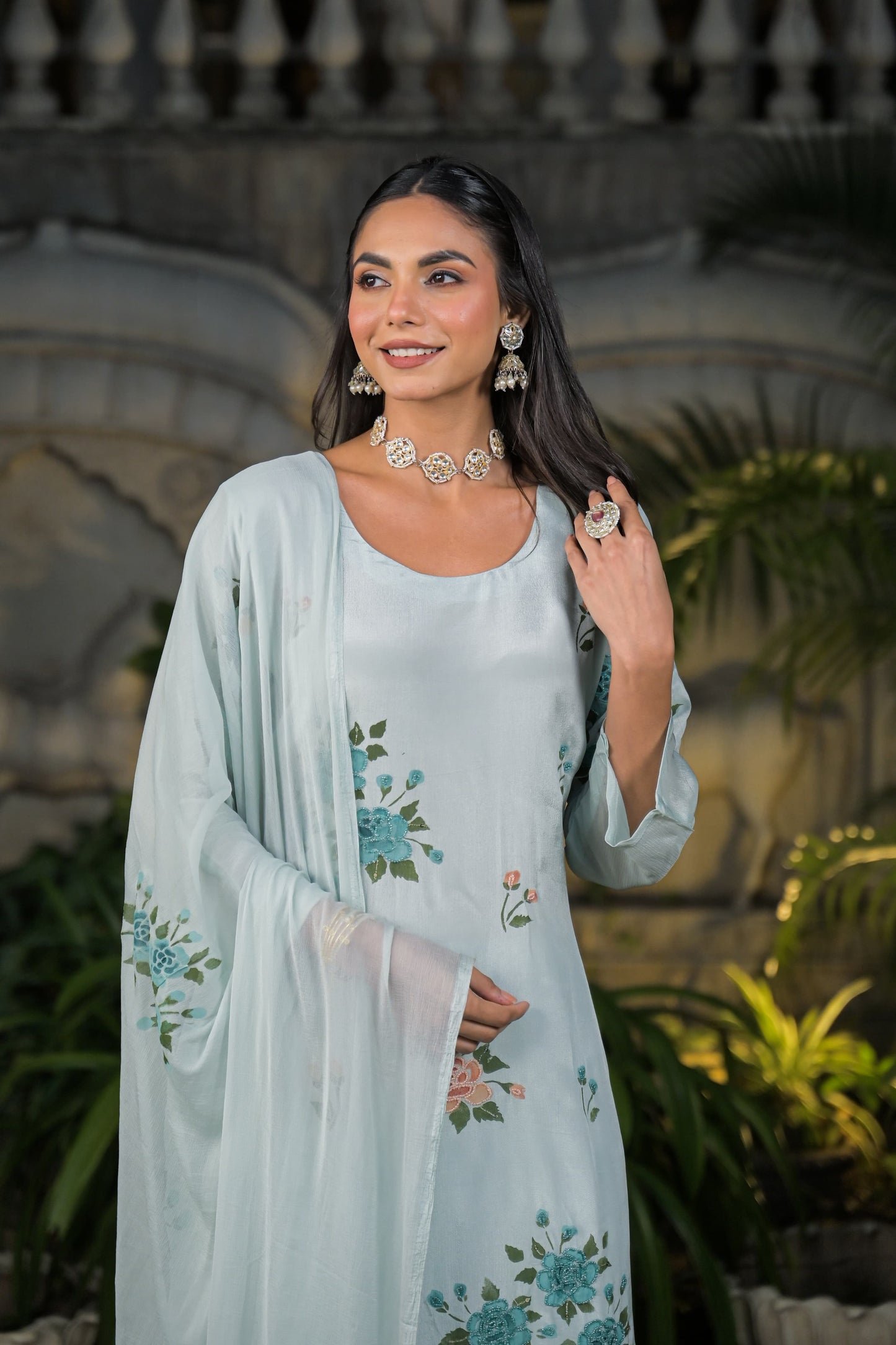 Handprinted with beautiful chinon fabric aline suit