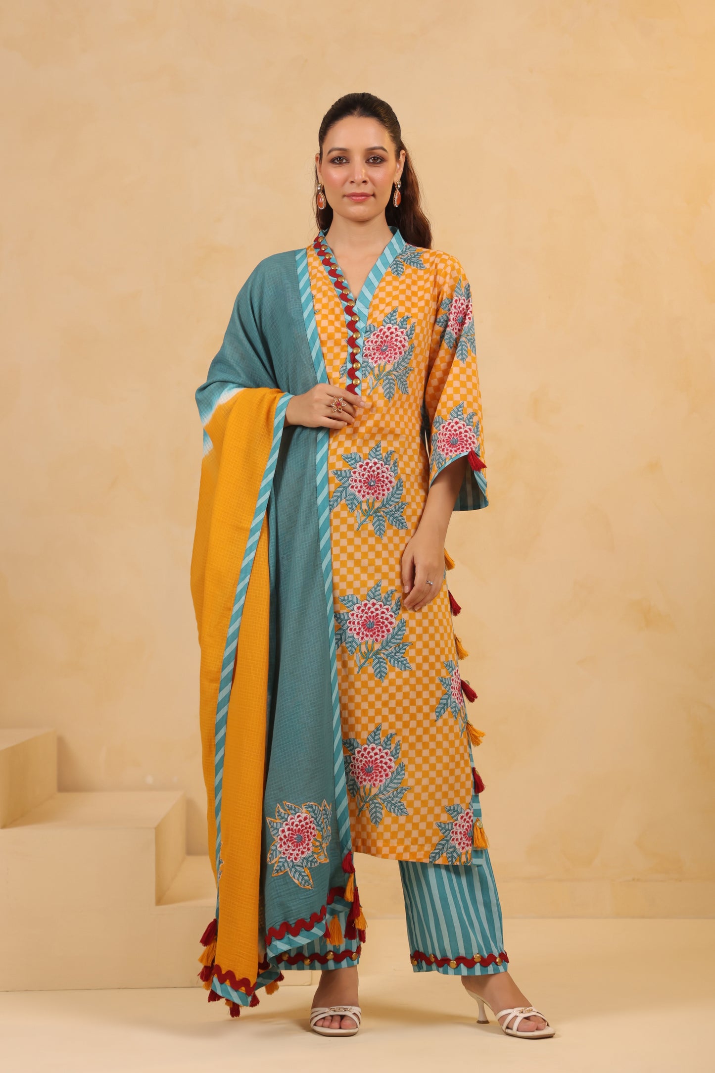 Yellow  Gomertical cotton premium suit with beautiful detailing & kota doria dupatta